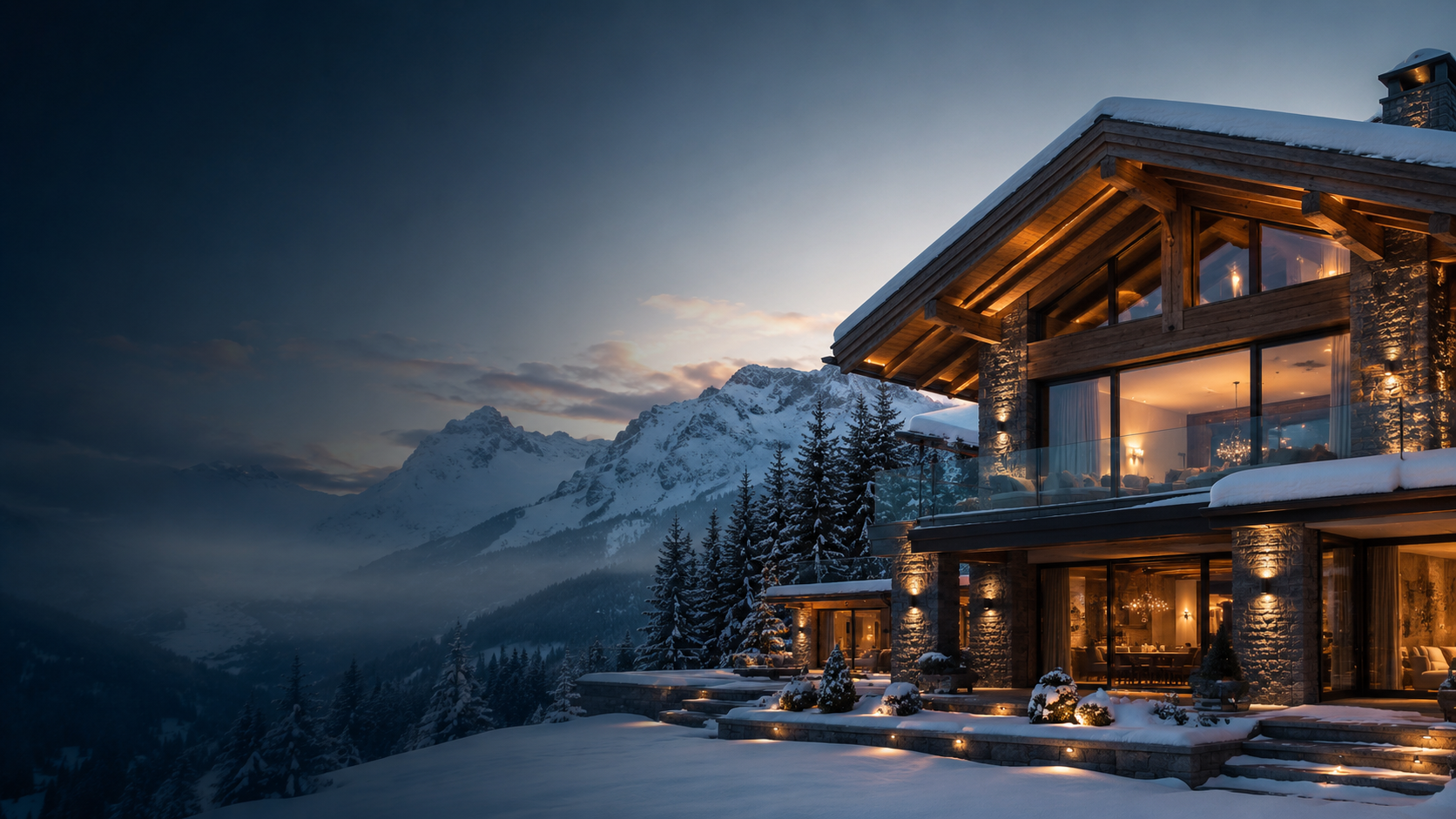 Chalet de luxe enneigé face aux Alpes suisses